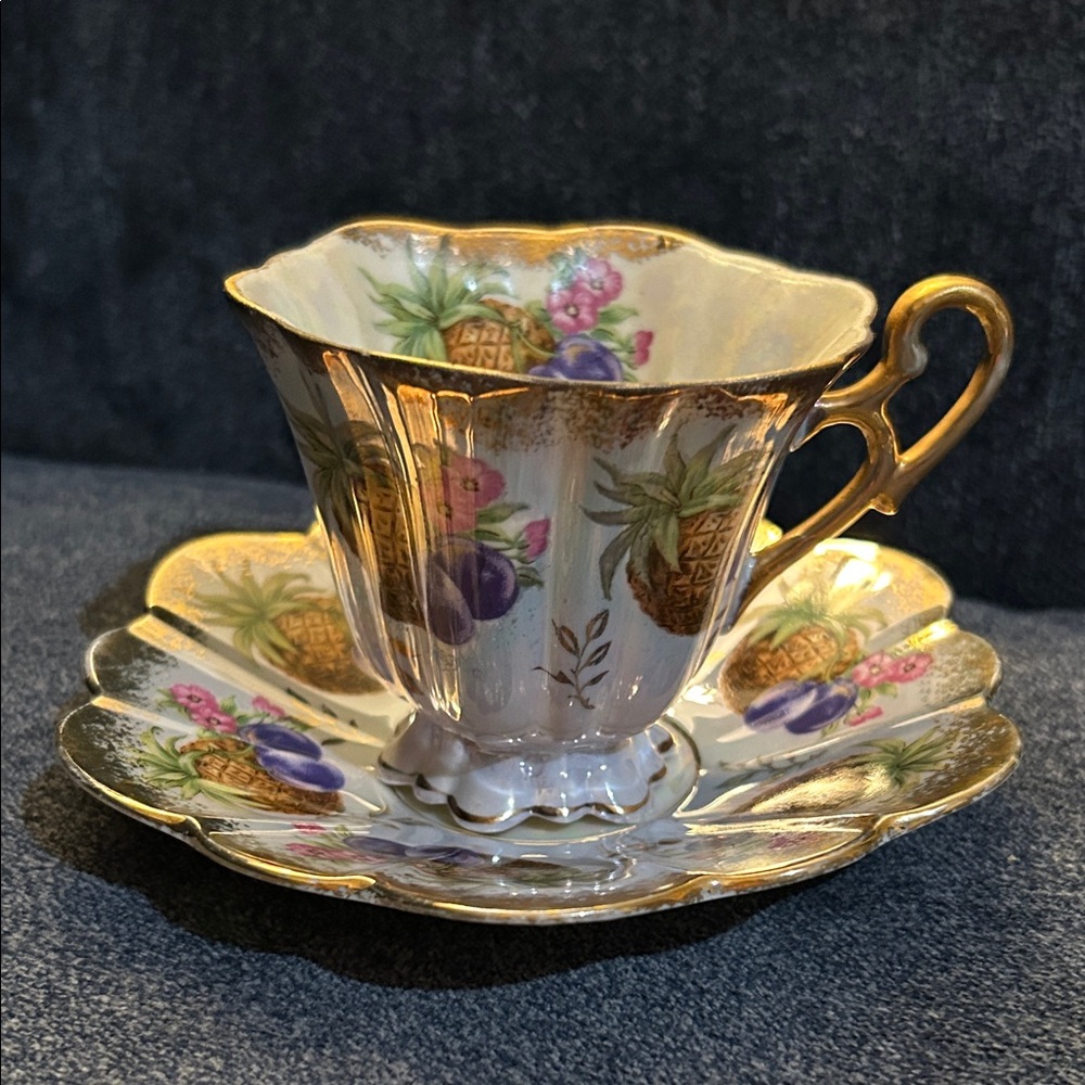 Pineapple Plum Rose Gold Trim Teacup and Saucer Set